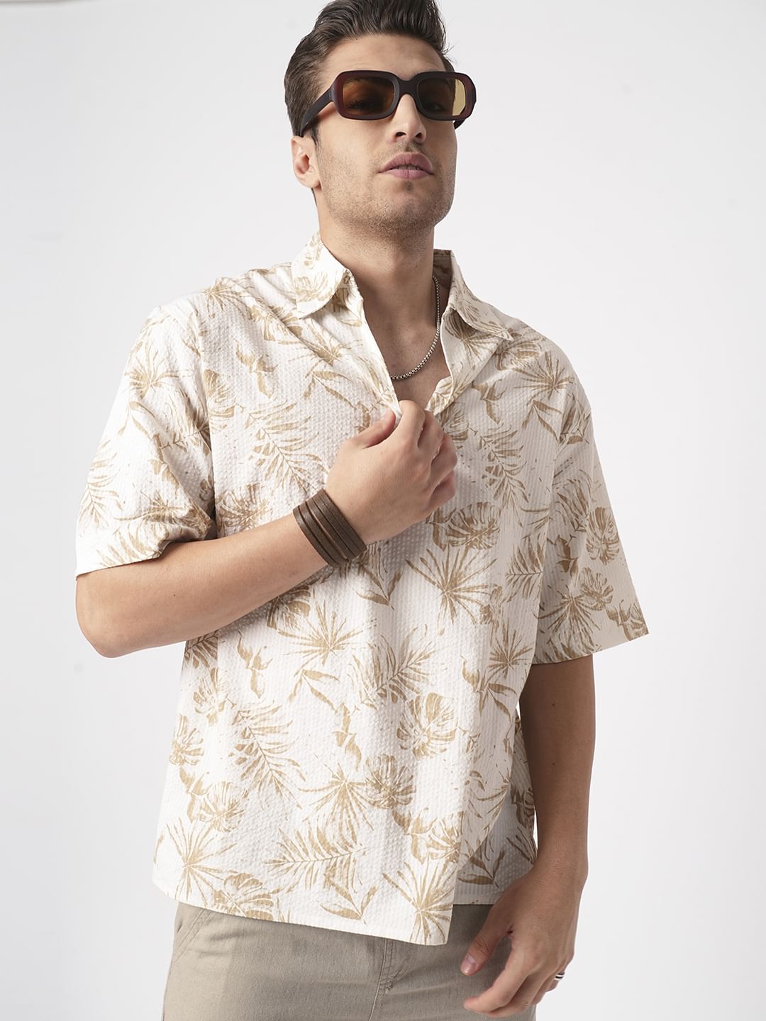 Tan Beige Leaf Printed Seersucker Oversized Polo Shirt