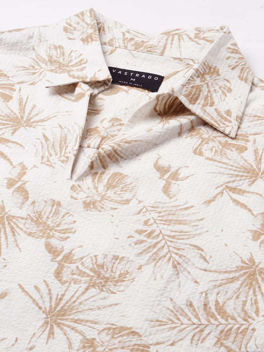 Tan Beige Leaf Printed Seersucker Oversized Polo Shirt