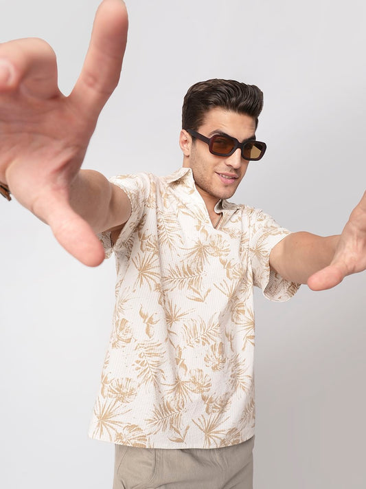 Tan Beige Leaf Printed Seersucker Oversized Polo Shirt