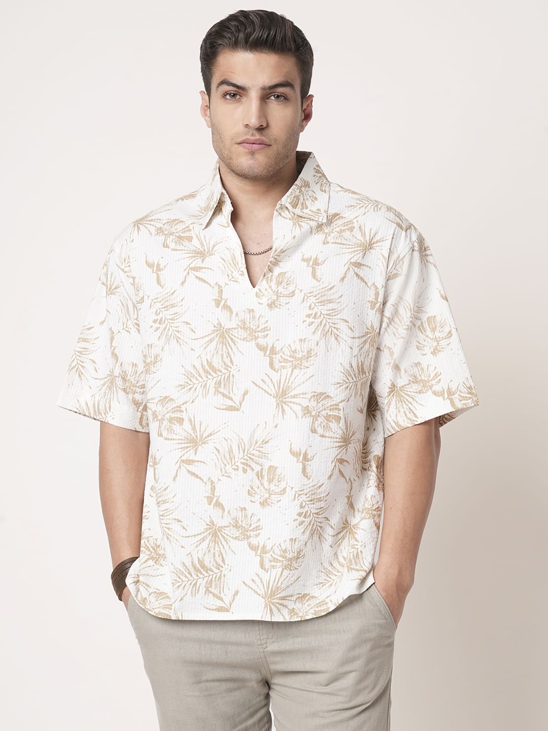 Tan Beige Leaf Printed Seersucker Oversized Polo Shirt