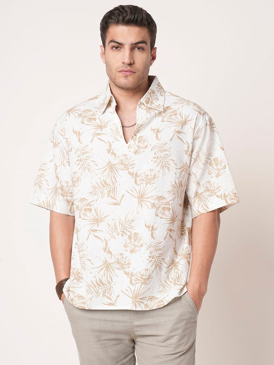Tan Beige Leaf Printed Seersucker Oversized Polo Shirt