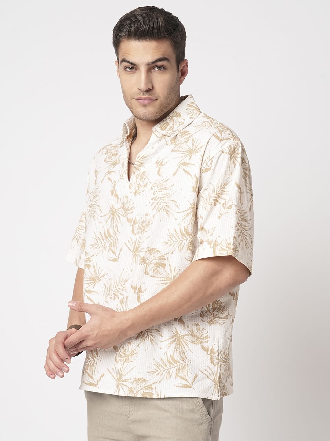 Tan Beige Leaf Printed Seersucker Oversized Polo Shirt