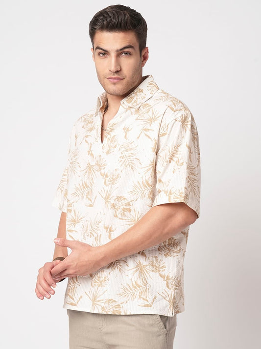 Tan Beige Leaf Printed Seersucker Oversized Polo Shirt