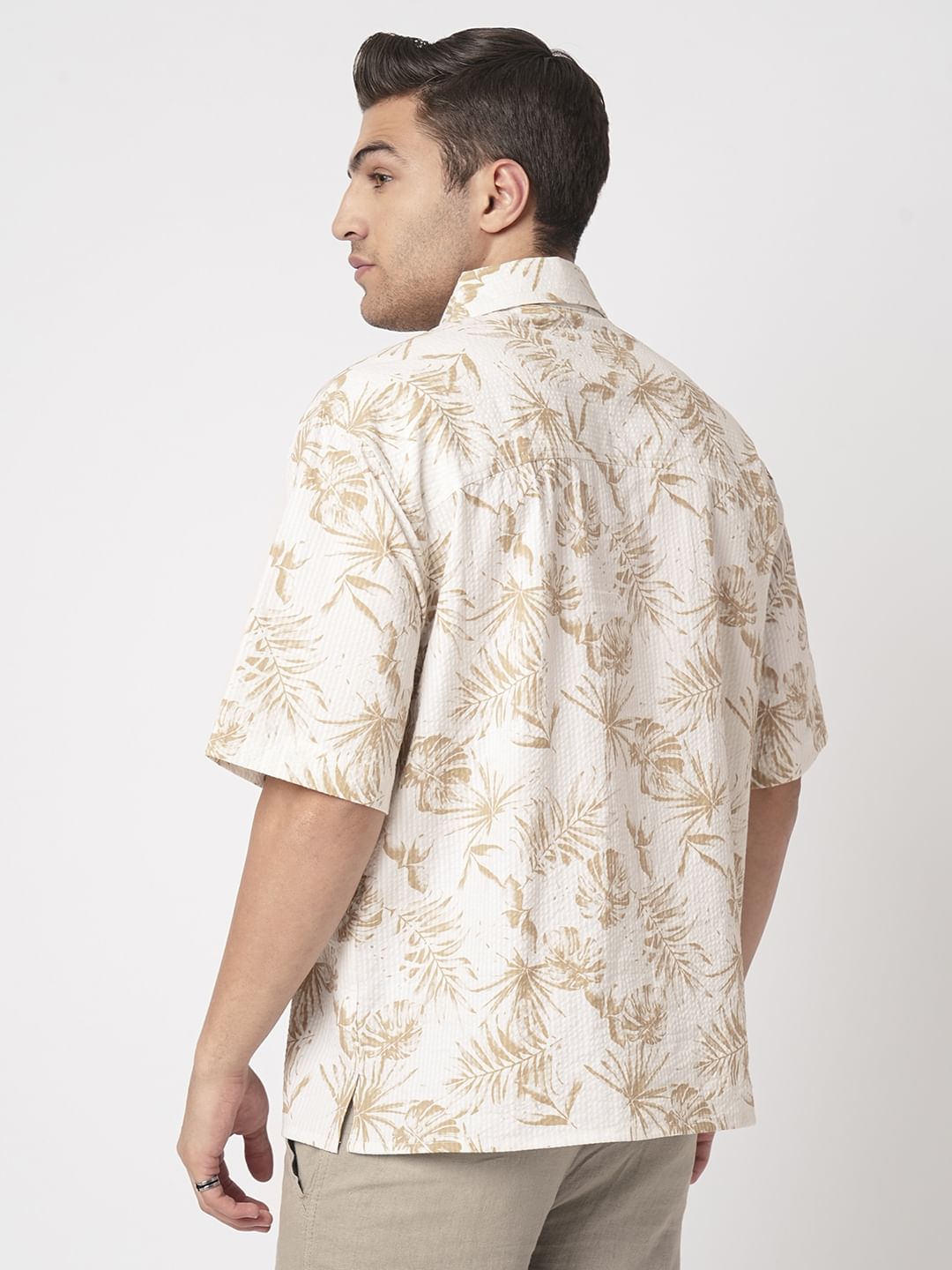 Tan Beige Leaf Printed Seersucker Oversized Polo Shirt
