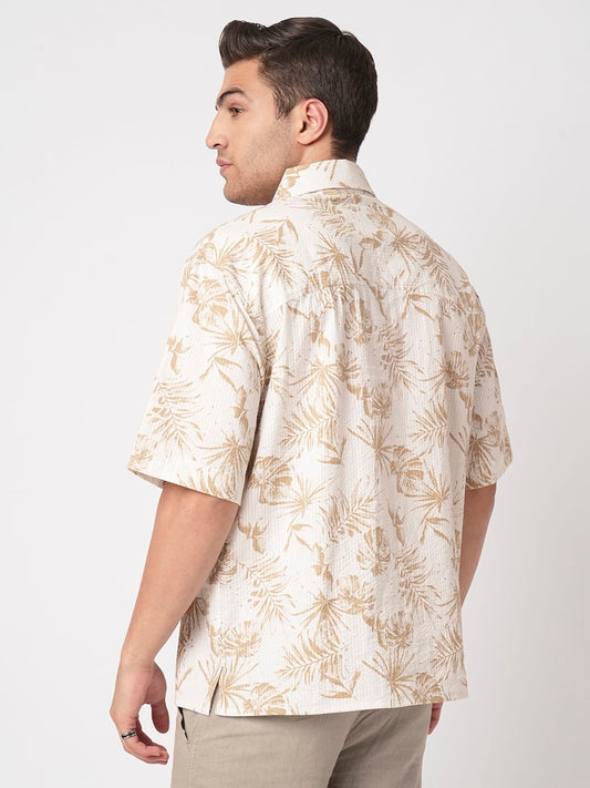 Tan Beige Leaf Printed Seersucker Oversized Polo Shirt