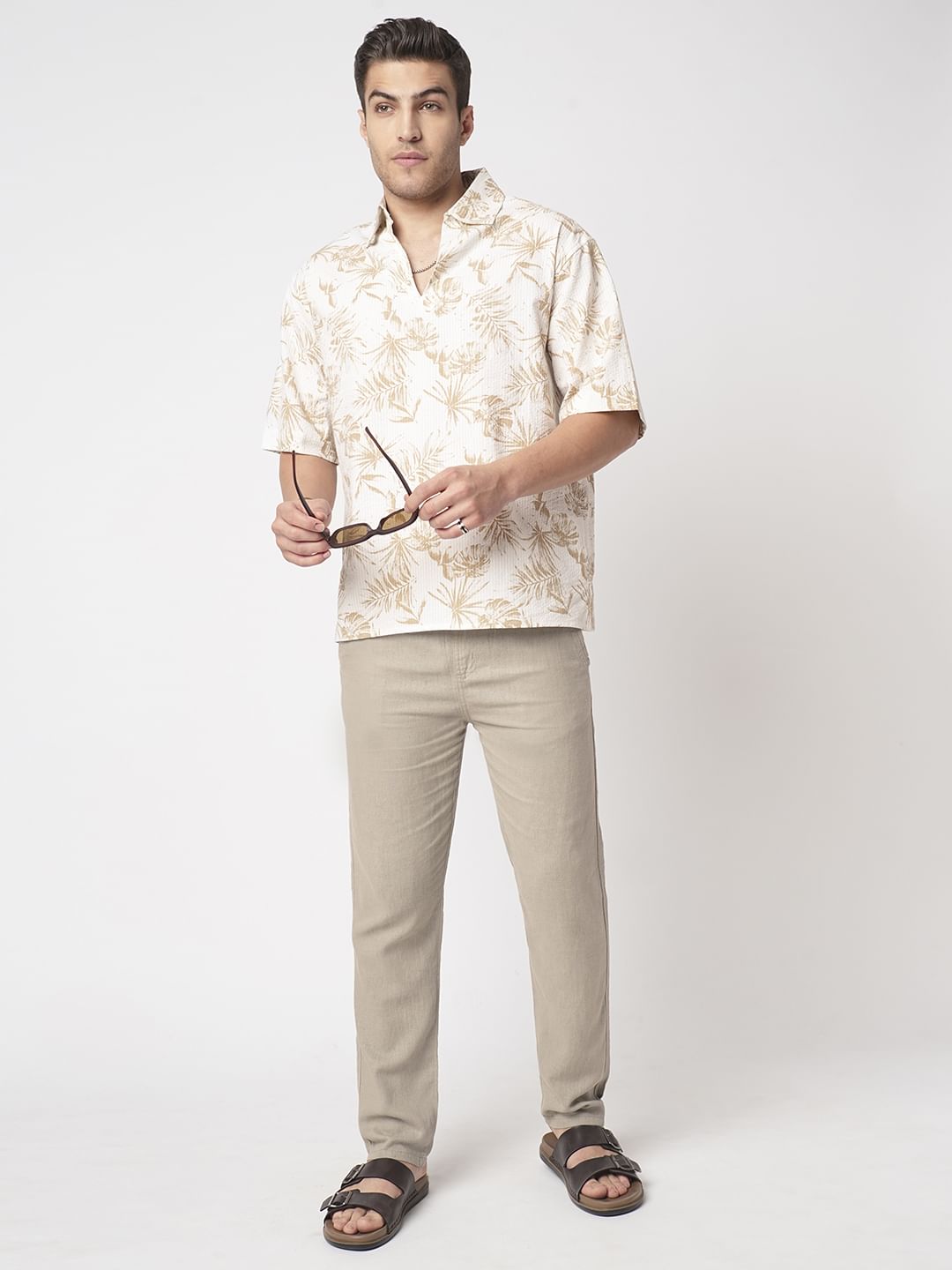 Tan Beige Leaf Printed Seersucker Oversized Polo Shirt
