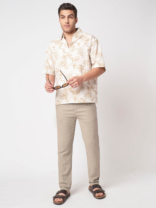 Tan Beige Leaf Printed Seersucker Oversized Polo Shirt