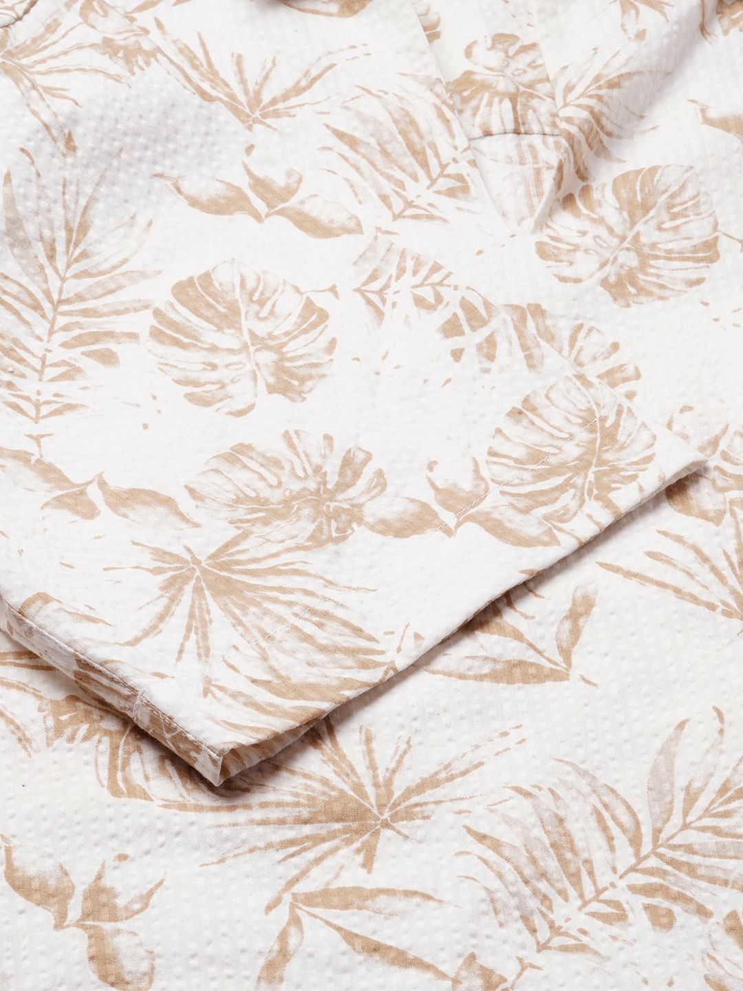 Tan Beige Leaf Printed Seersucker Oversized Polo Shirt