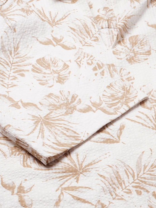 Tan Beige Leaf Printed Seersucker Oversized Polo Shirt