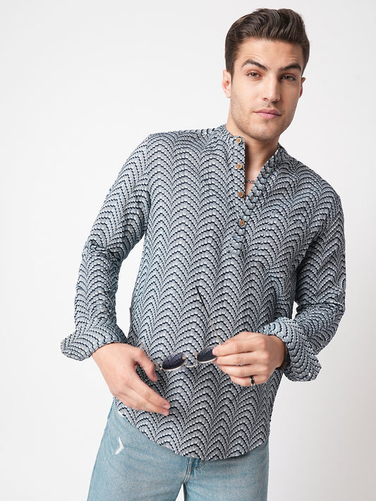 Grey & Navy Jacquard Weaved Kurta