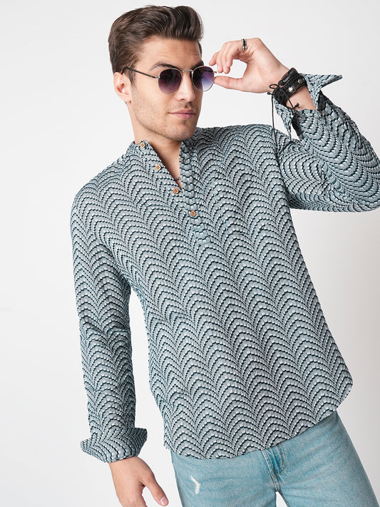 Grey & Navy Jacquard Weaved Kurta