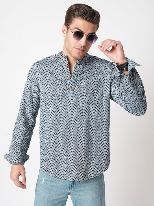 Grey & Navy Jacquard Weaved Kurta