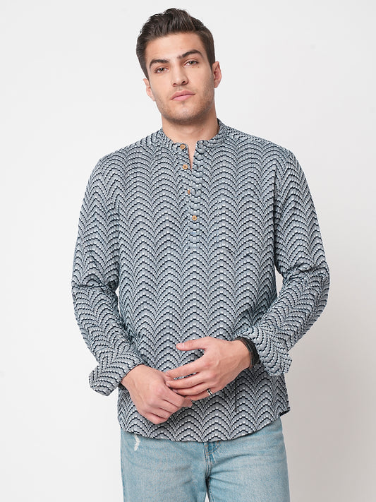 Grey & Navy Jacquard Weaved Kurta