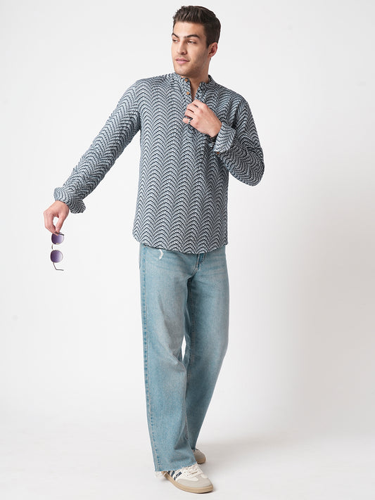 Grey & Navy Jacquard Weaved Kurta