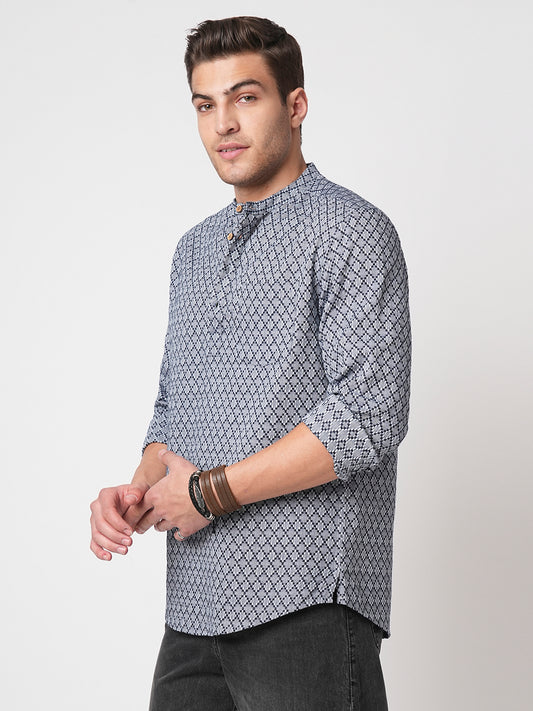 Grey & Navy Diamond Jacquard Weaved Kurta
