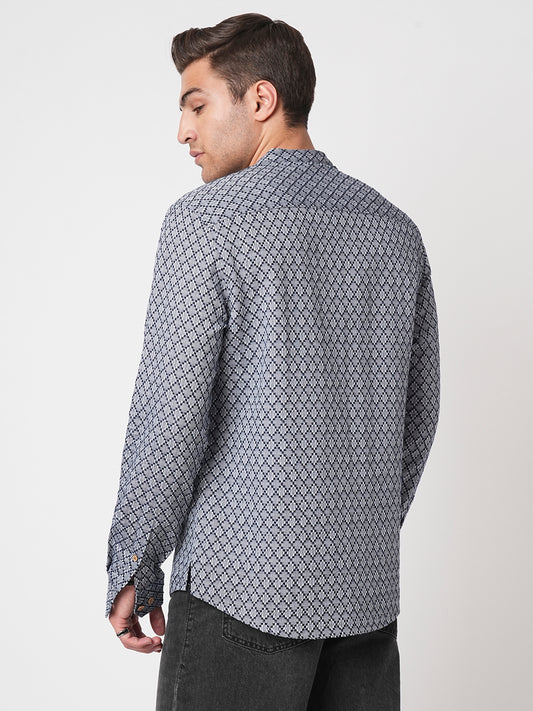 Grey & Navy Diamond Jacquard Weaved Kurta