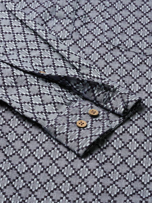 Grey & Navy Diamond Jacquard Weaved Kurta