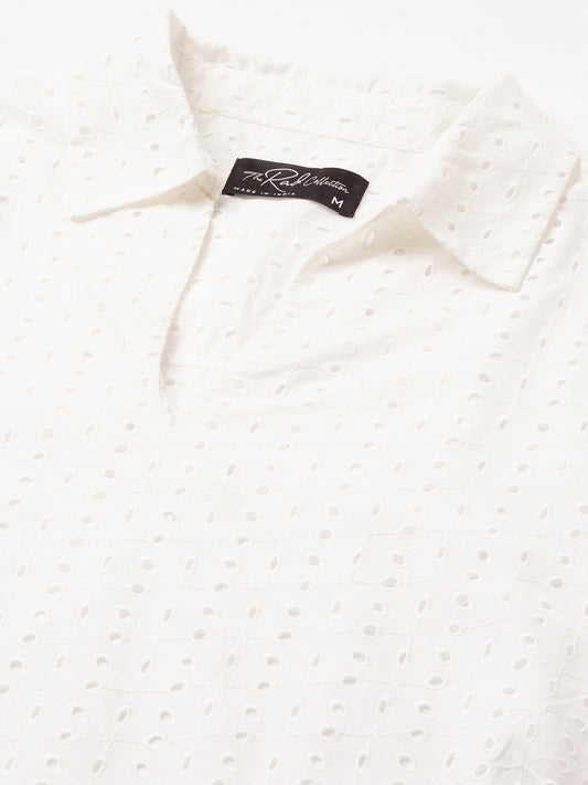 Modish White Schiffli Oversized Polo Shirt