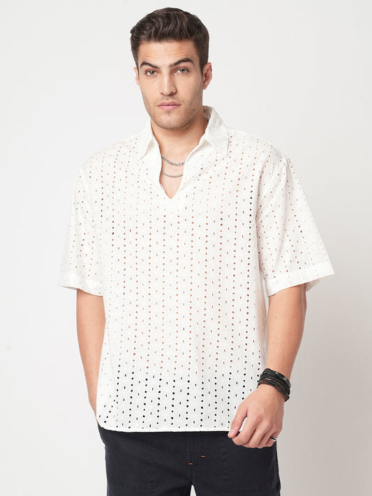 Modish White Schiffli Oversized Polo Shirt