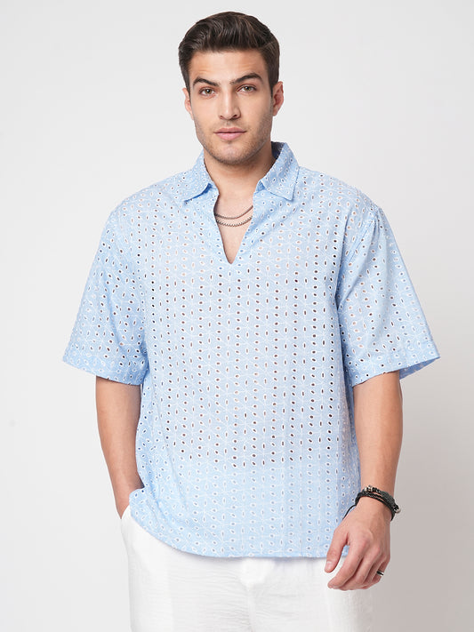 Modish Maya Blue Schiffli Oversized Polo Shirt