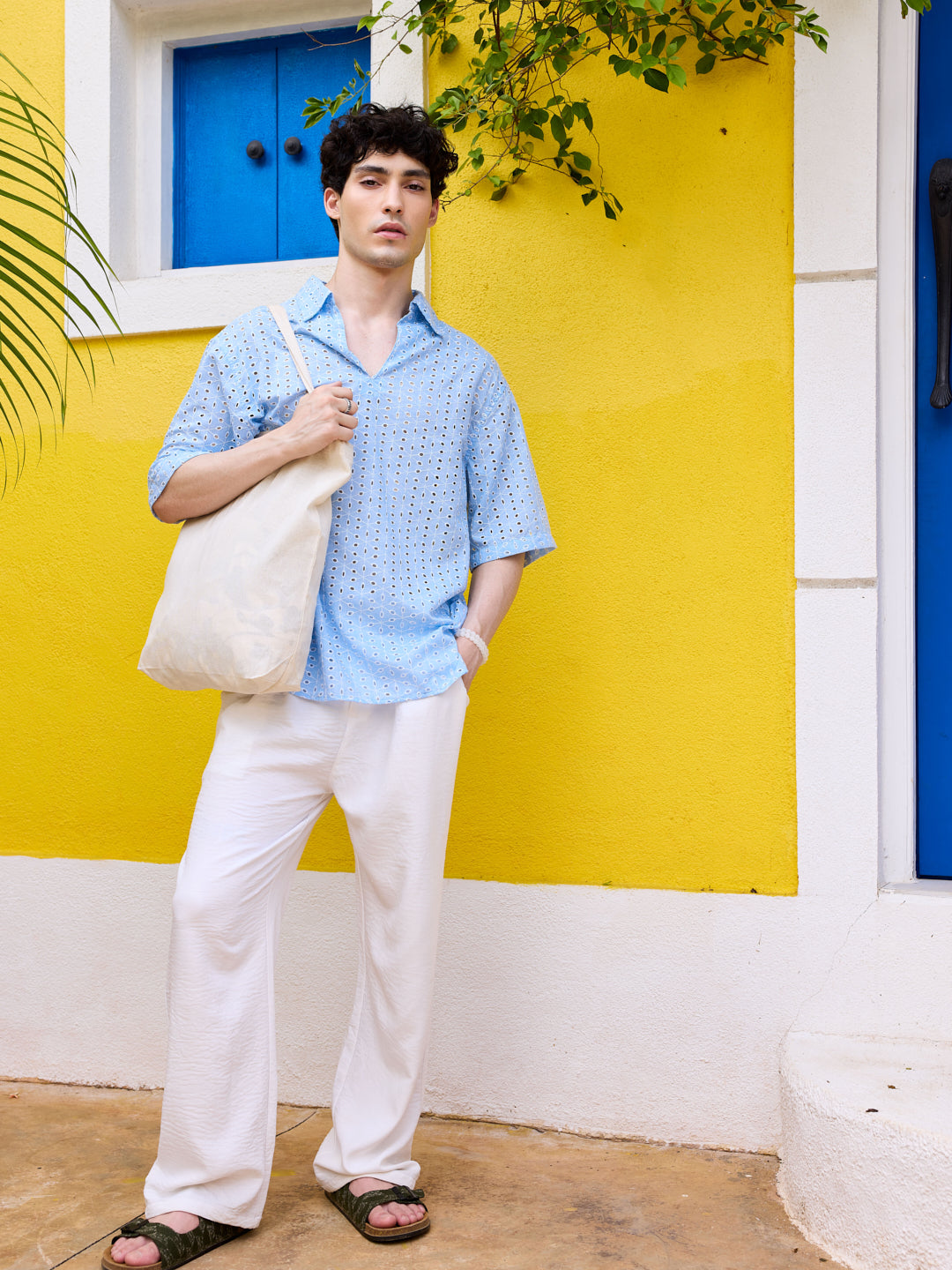 Modish Maya Blue Schiffli Oversized Polo Shirt