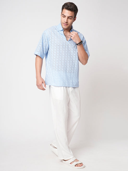 Modish Maya Blue Schiffli Oversized Polo Shirt