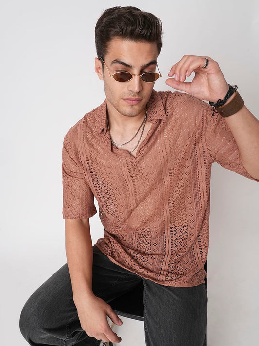 Georgia Peach Crochet Oversized Polo Shirt