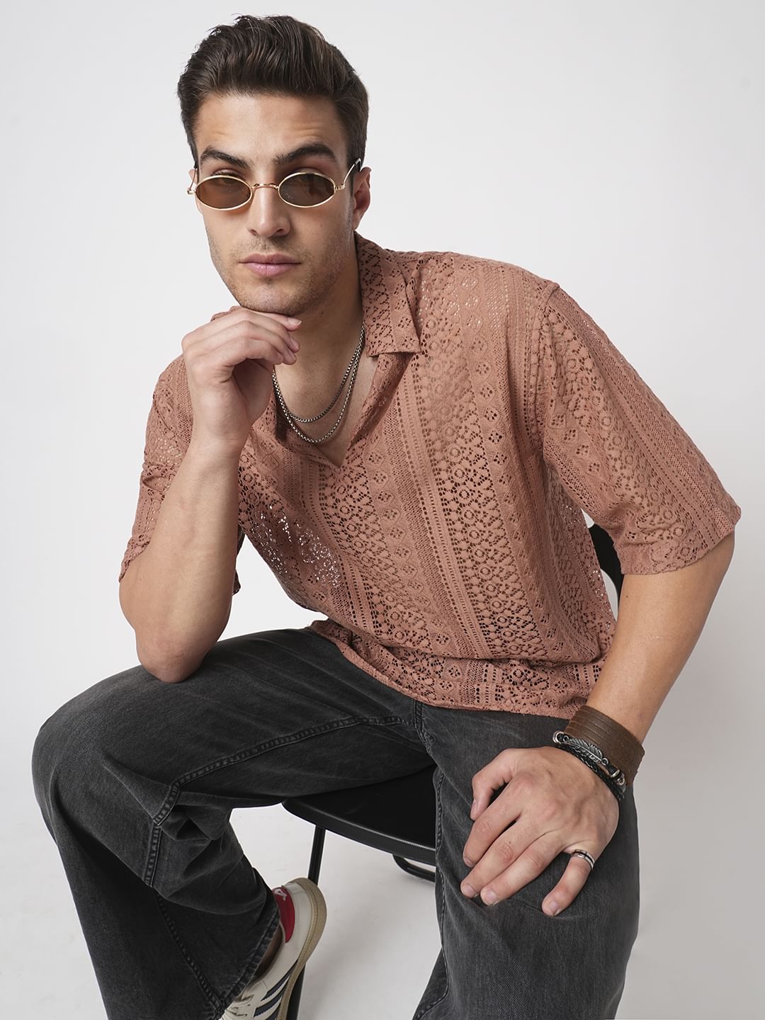 Georgia Peach Crochet Oversized Polo Shirt