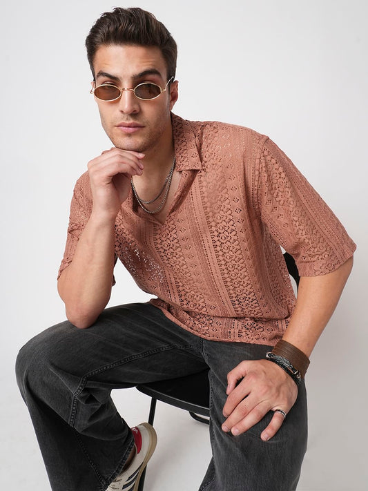 Georgia Peach Crochet Oversized Polo Shirt