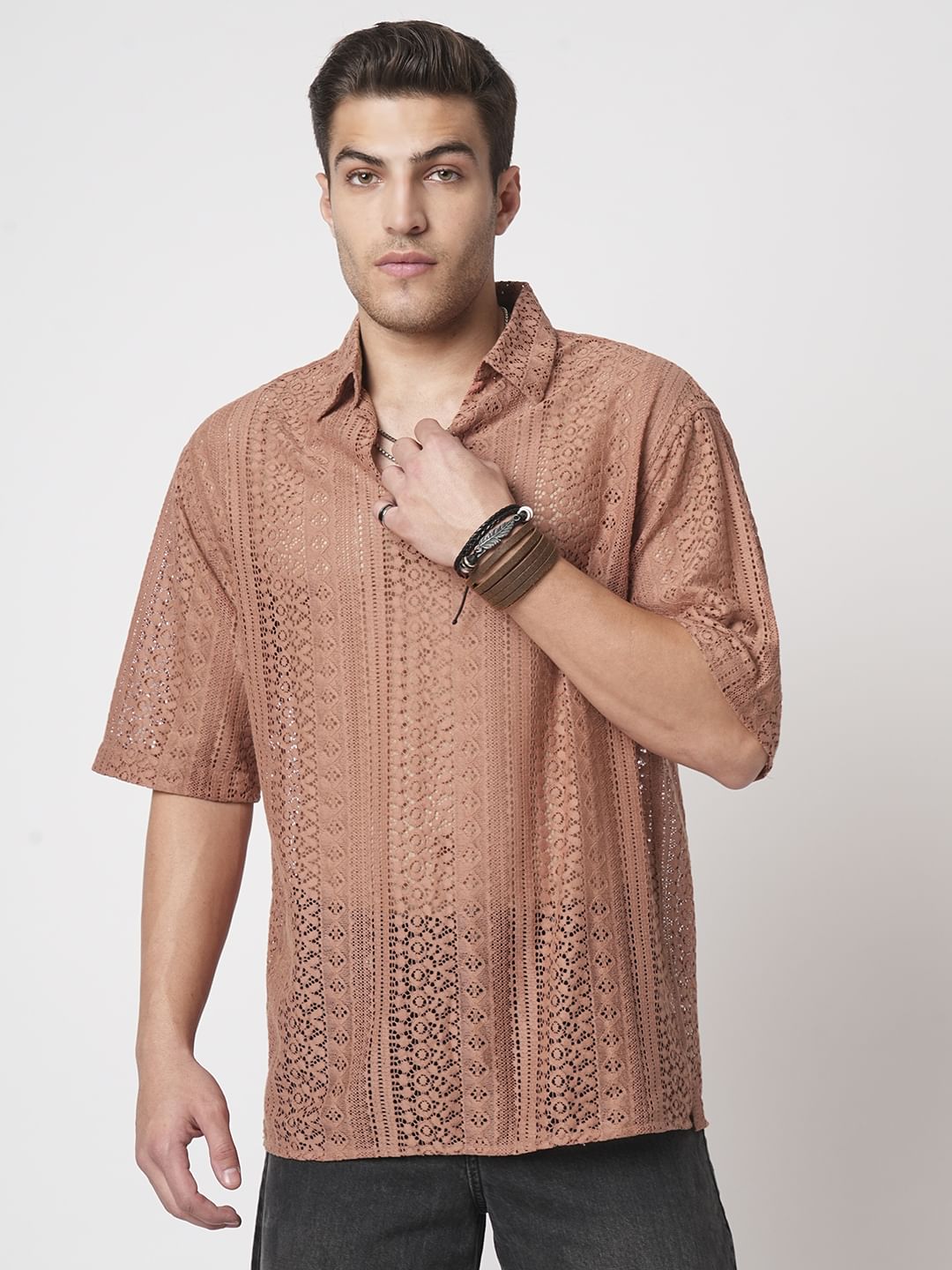 Georgia Peach Crochet Oversized Polo Shirt