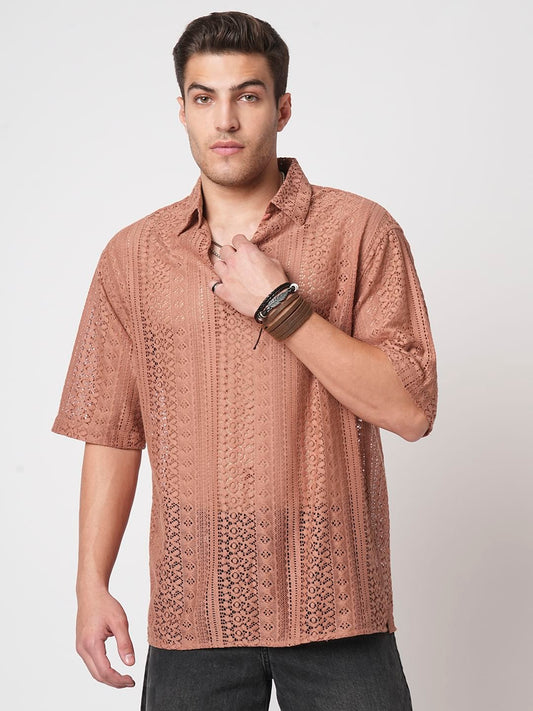 Georgia Peach Crochet Oversized Polo Shirt