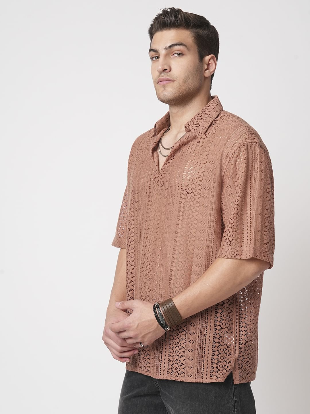 Georgia Peach Crochet Oversized Polo Shirt