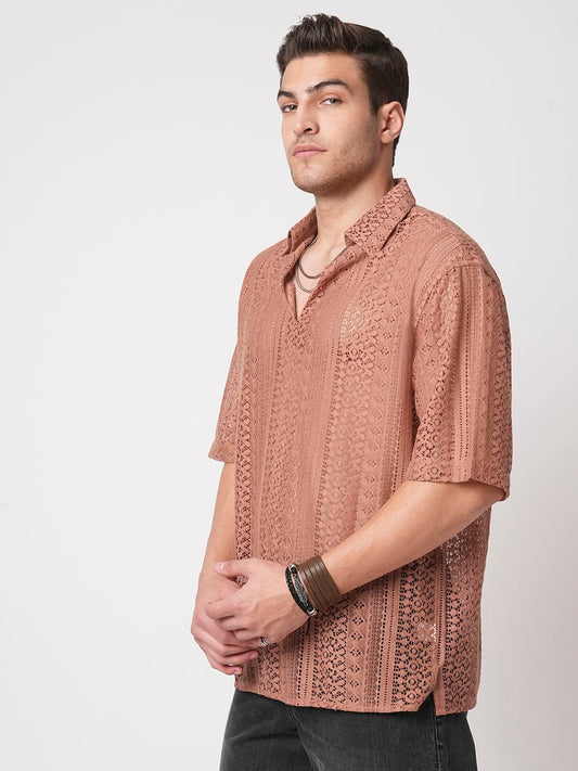 Georgia Peach Crochet Oversized Polo Shirt