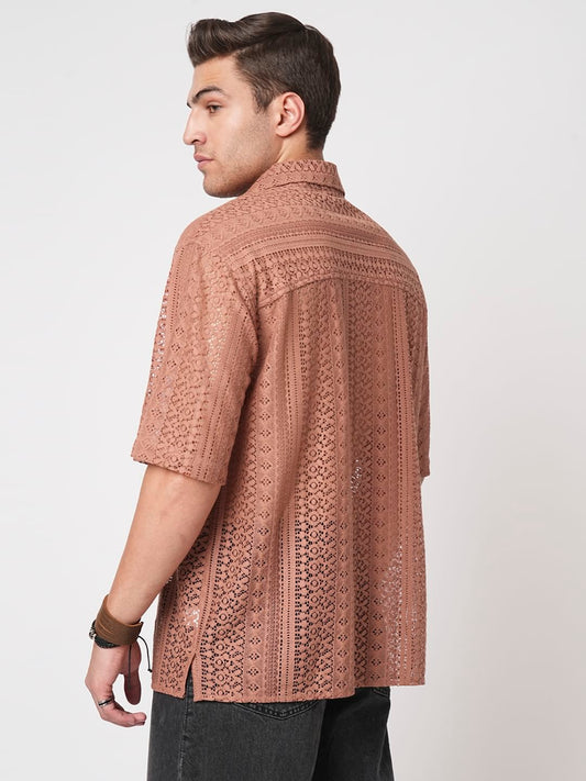 Georgia Peach Crochet Oversized Polo Shirt