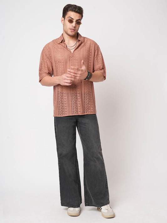Georgia Peach Crochet Oversized Polo Shirt