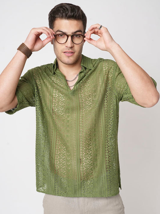 Moss Green Crochet Oversized Polo Shirt