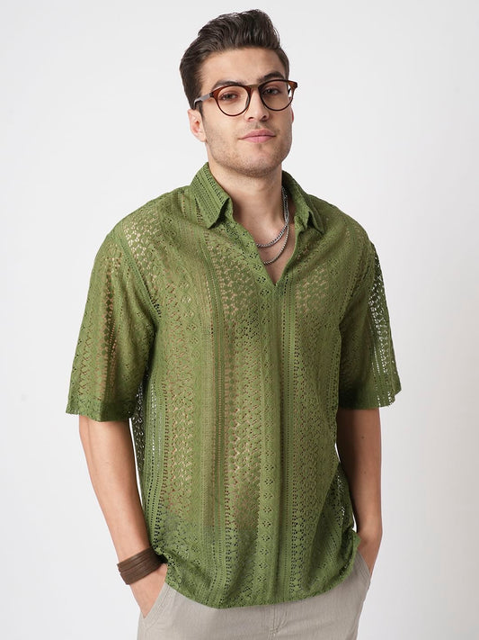 Moss Green Crochet Oversized Polo Shirt