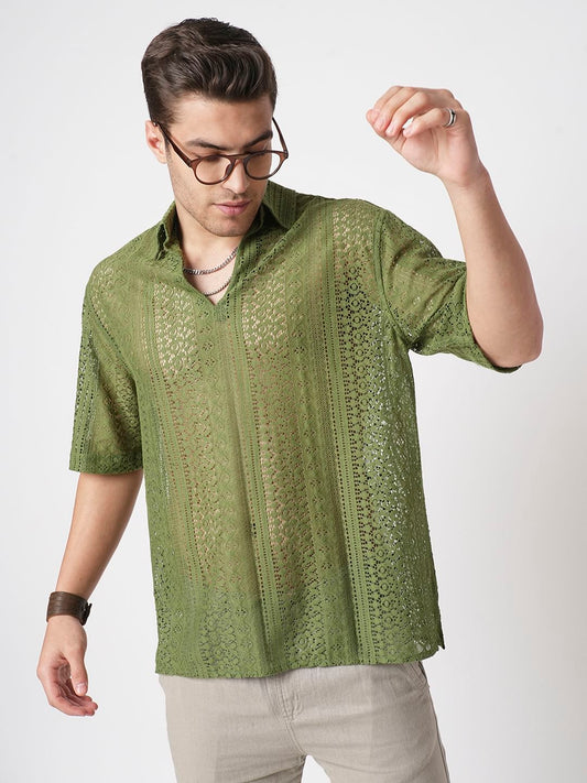 Moss Green Crochet Oversized Polo Shirt