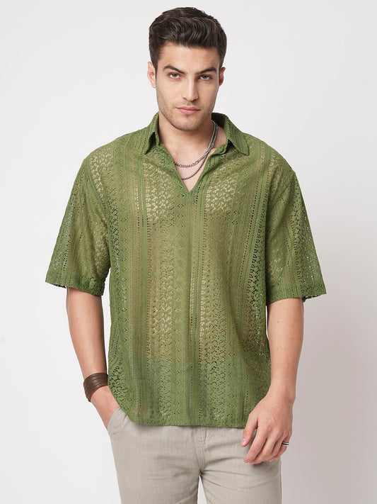 Moss Green Crochet Oversized Polo Shirt