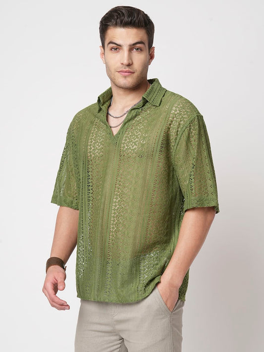 Moss Green Crochet Oversized Polo Shirt