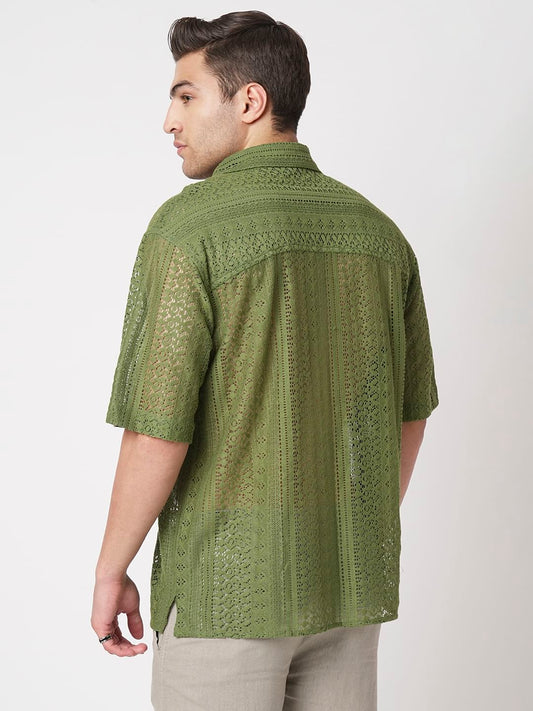 Moss Green Crochet Oversized Polo Shirt