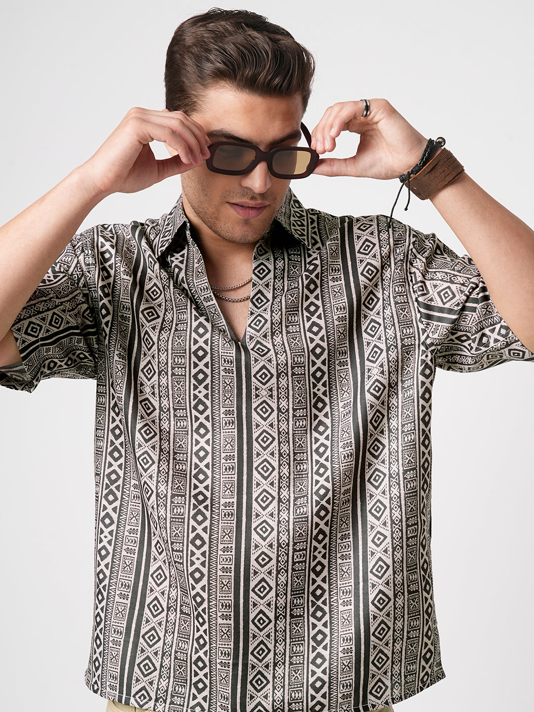 Brown Tribal Print Oversized Polo Shirt