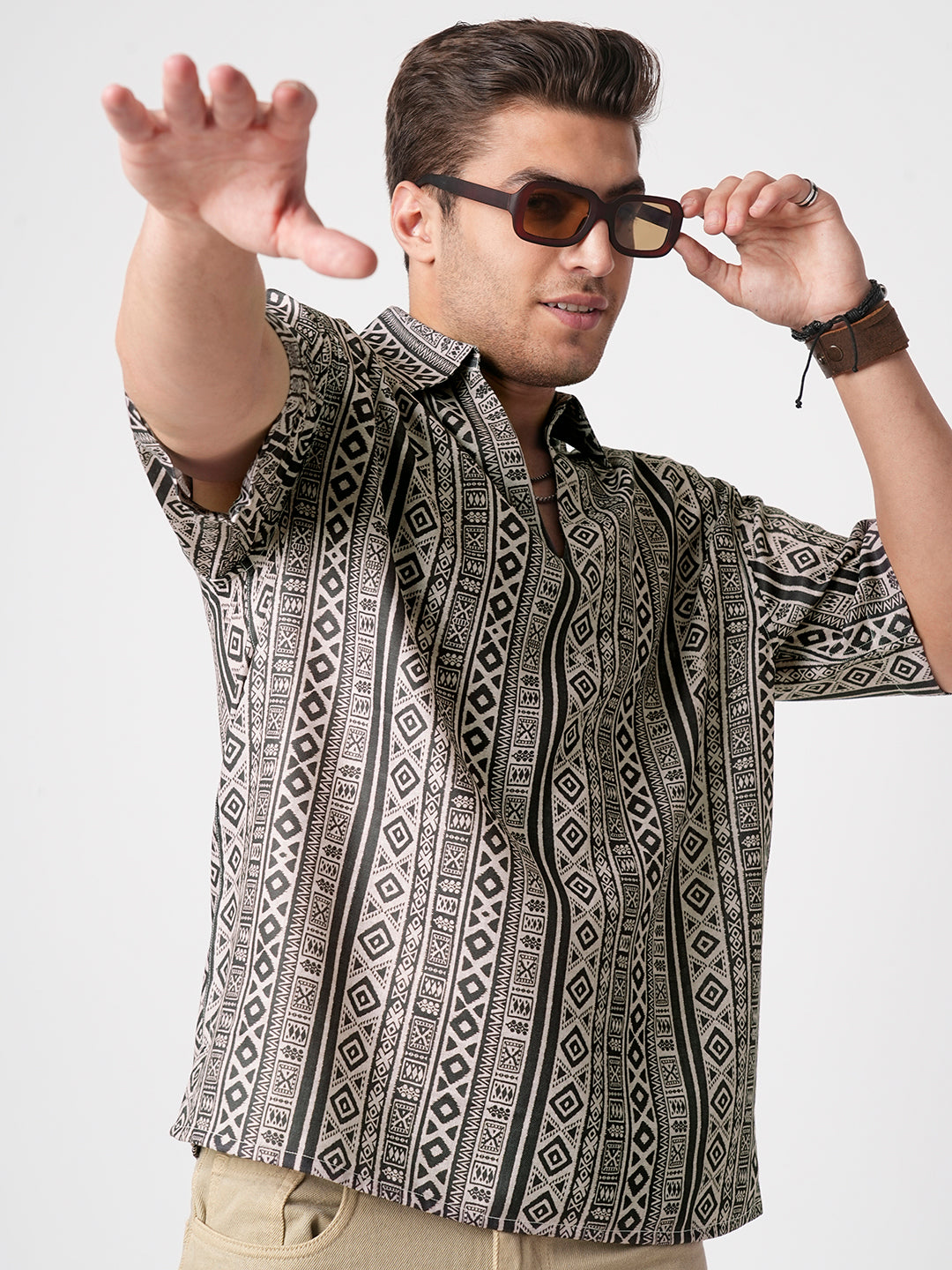 Brown Tribal Print Oversized Polo Shirt