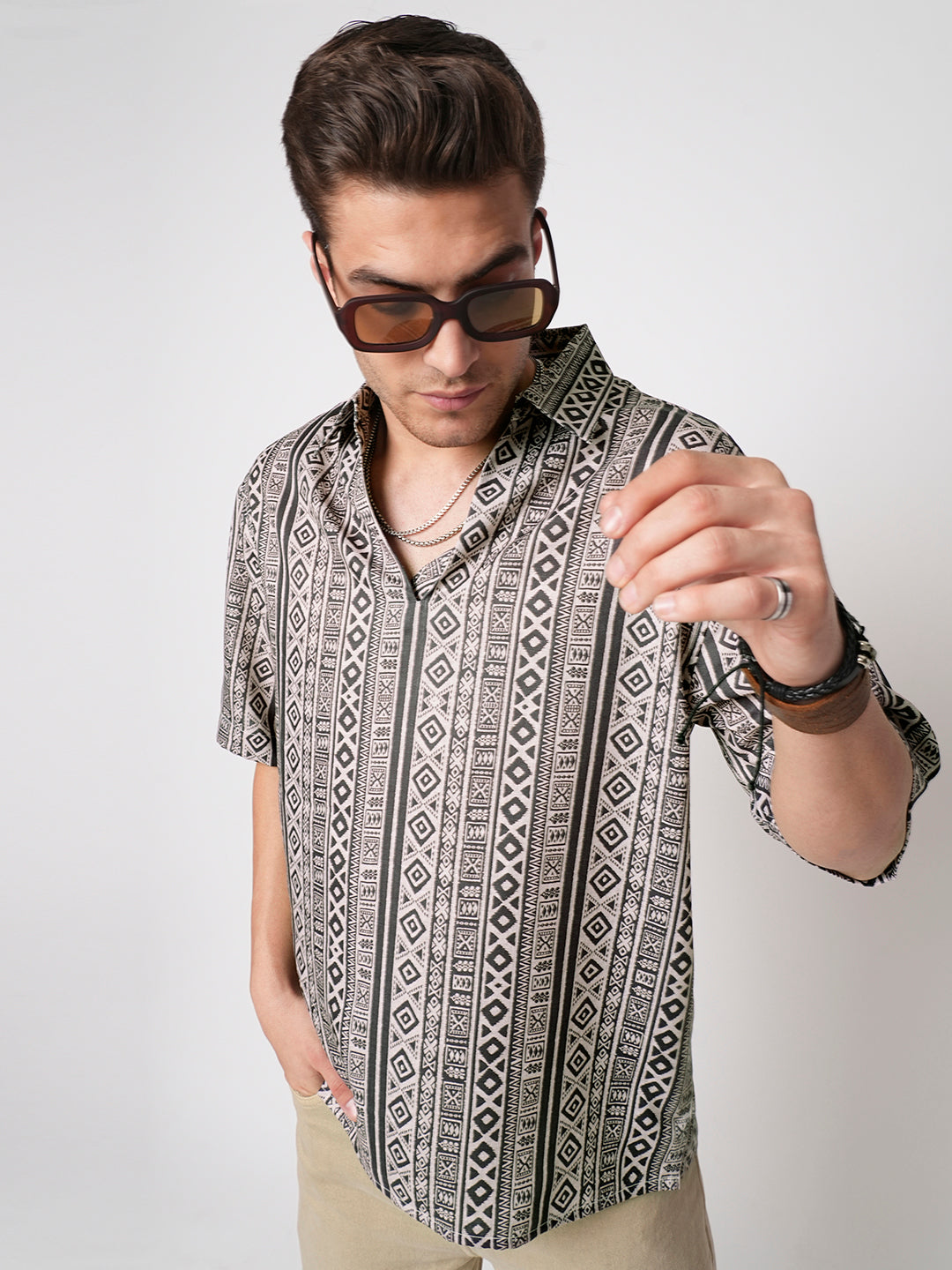 Brown Tribal Print Oversized Polo Shirt