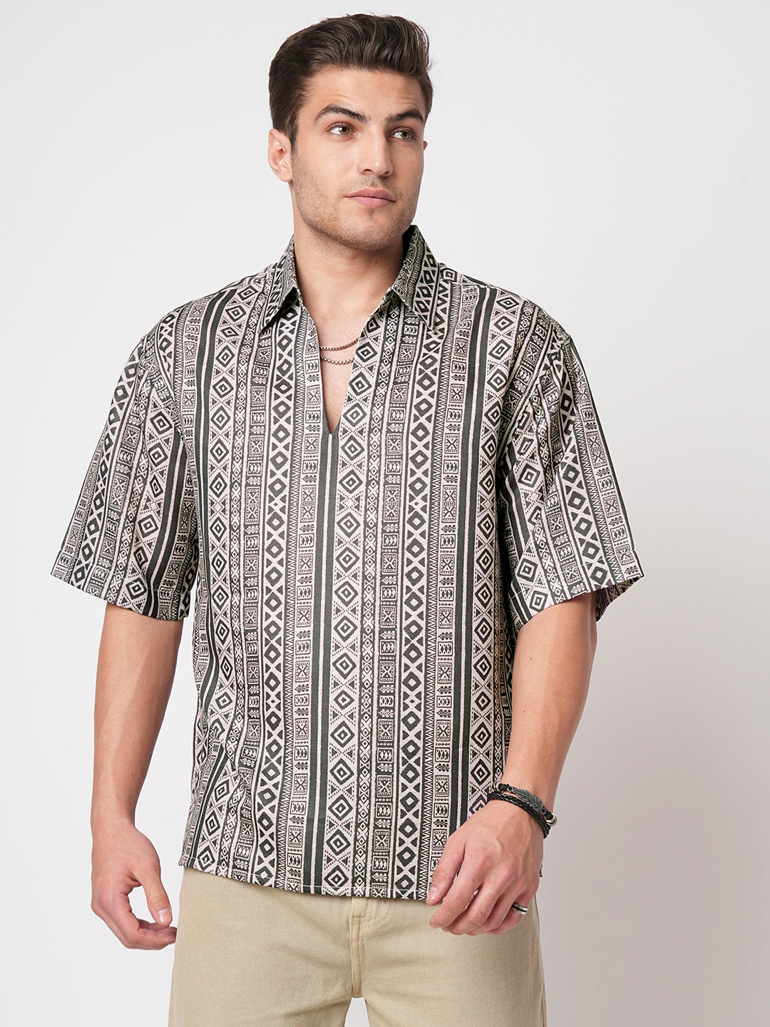 Brown Tribal Print Oversized Polo Shirt