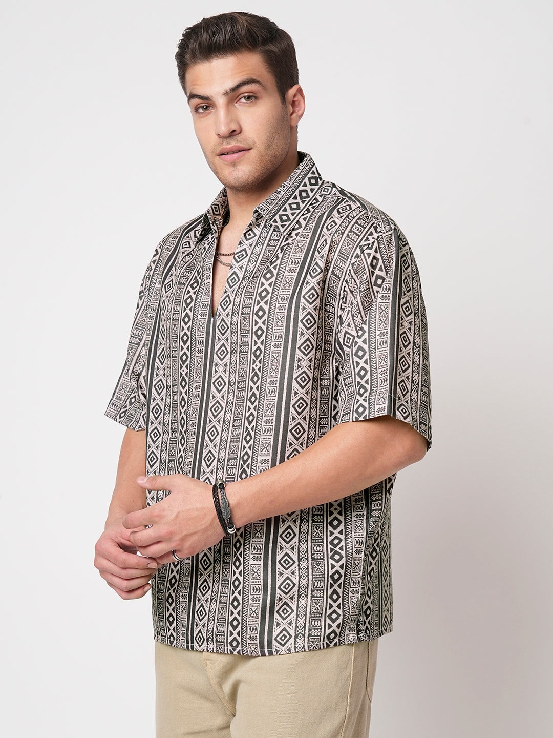 Brown Tribal Print Oversized Polo Shirt
