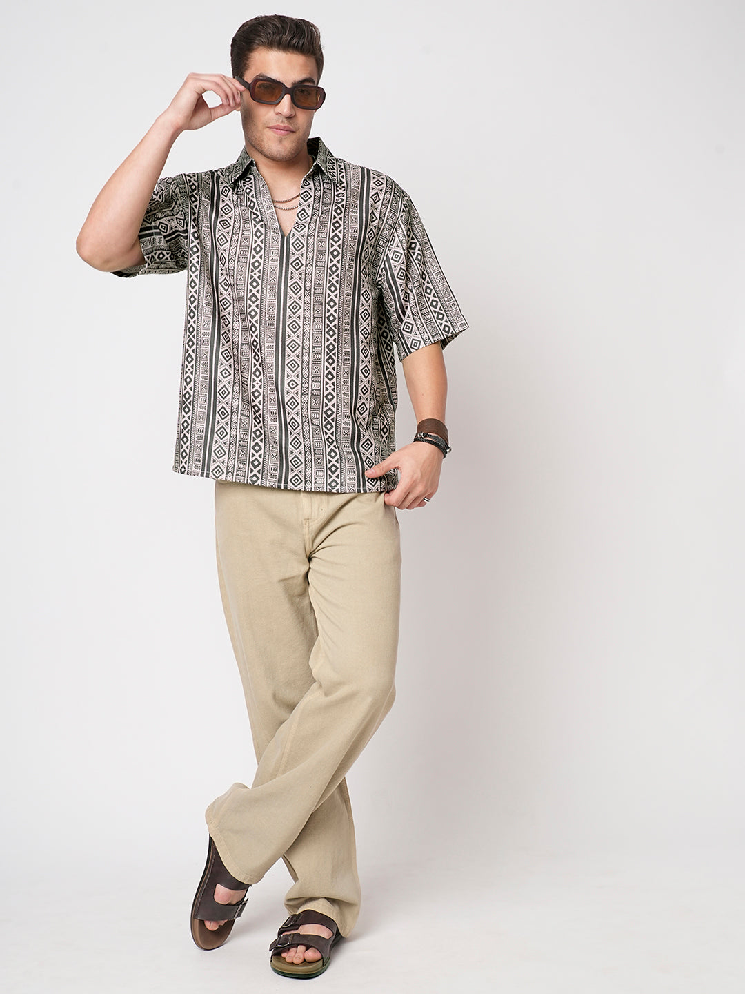 Brown Tribal Print Oversized Polo Shirt