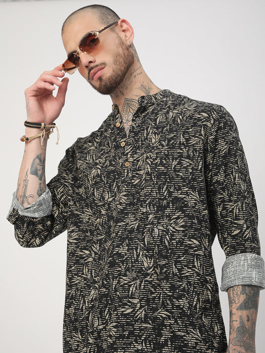 Black Leafy Printed Kurta