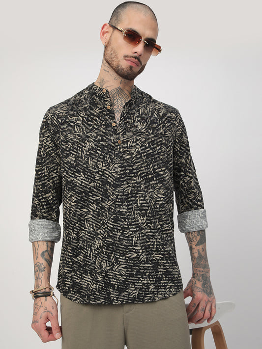Black Leafy Printed Kurta