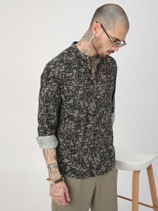 Black Leafy Printed Kurta